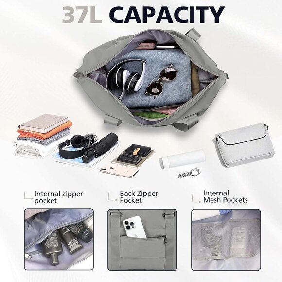 Women Men Grey Waterproof Carry On Tote Travel Duffle Bag with Trolley Sleeve - Picture 3 of 7